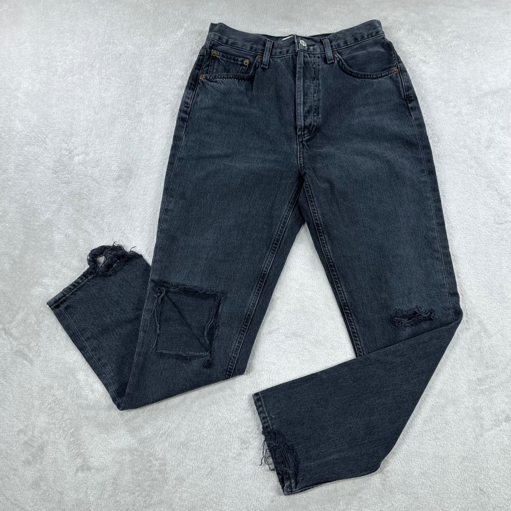 AGOLDE Riley Jeans Womens 25 Black High Rise Straight Leg Distressed A056D-1157